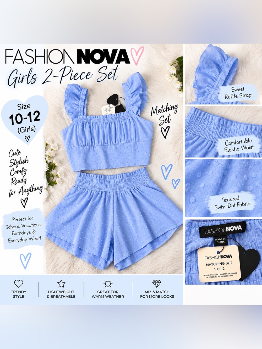 Fashion Nova Girls 2 Piece Matching Set Size 10-12 Blue Swiss Dot NWT